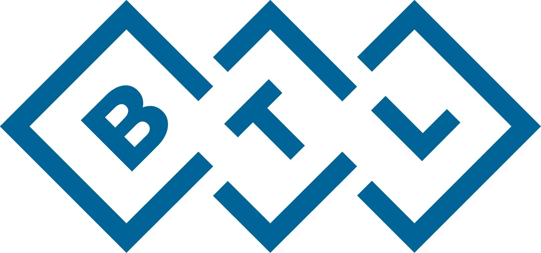 A geometric logo with three interconnected diamond shapes in blue, featuring the letters B, T, and E inside the left, middle, and right diamonds respectively.
