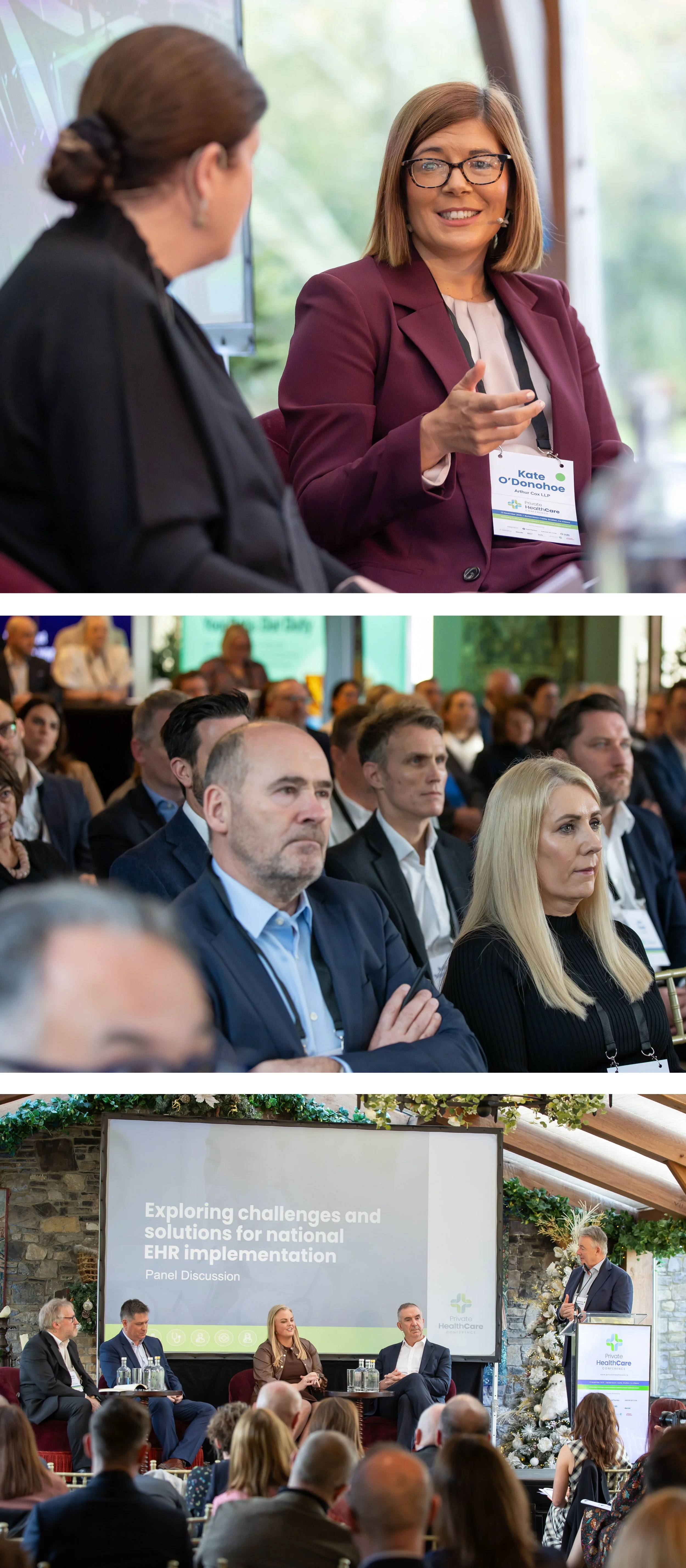 Three images from a healthcare panel discussion event. The first image shows a woman in a maroon blazer with glasses speaking to another woman. The second image shows an audience of professionals attentively listening, including a bald man with a beard and a blonde woman. The third image shows panelists on stage and a speaker at a podium with a large screen behind them displaying the title of the discussion, "Exploring challenges and solutions for national EHR implementation." The stage is decorated with flowers and winter holiday decorations.