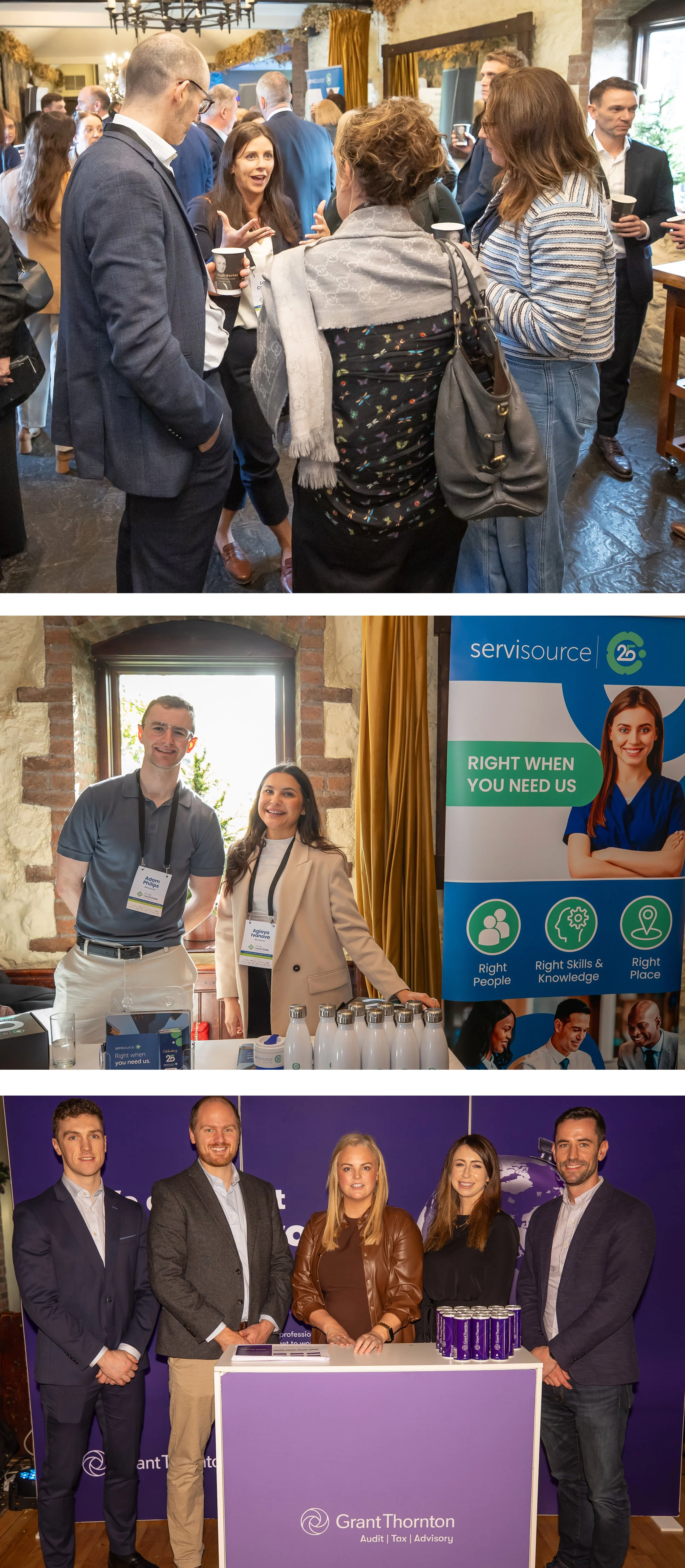 Three photos from a professional networking event or conference. The first shows a group of people talking and mingling indoors, with some holding coffee cups. The second features two people, a man and a woman, standing next to a promotional display for a company or organization named Servisource, with a woman smiling broadly at the camera. The third depicts five professional individuals standing behind a booth with the Grant Thornton logo, smiling at the camera.