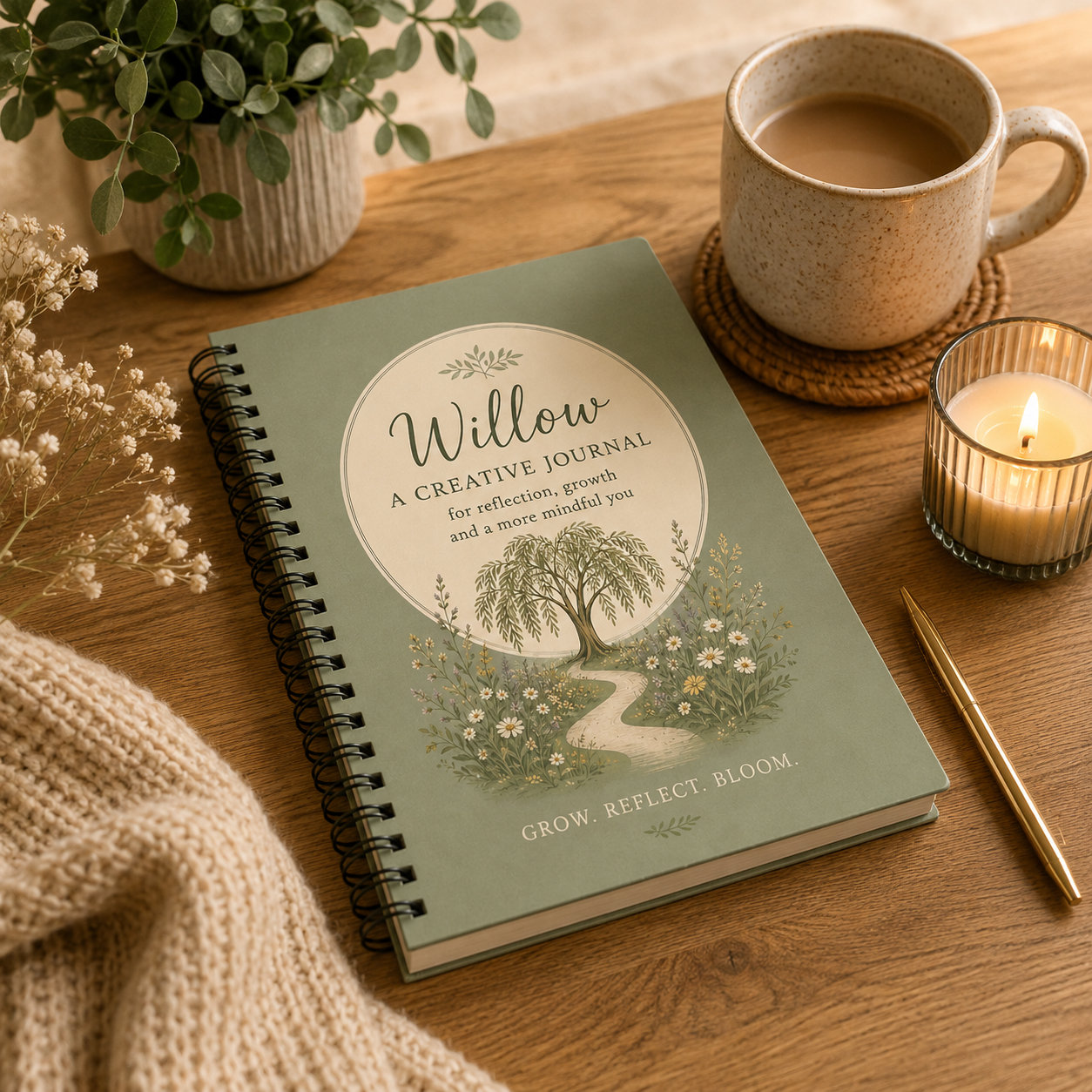 A green spiral-bound journal titled 'Willow: A Creative Journal' on a wooden table, surrounded by a lit candle, a mug of coffee, a gold pen, a potted plant, and a knitted beige blanket.