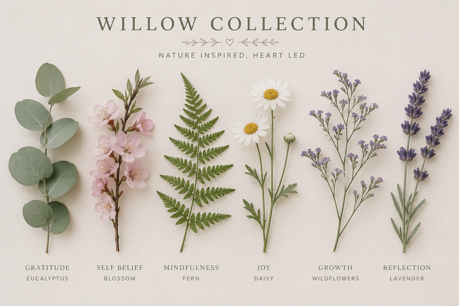 Arrangement of six different plants labeled as gratitude eucalyptus, self belief blossom, mindfulness fern, joy daisy, growth wildflowers, reflection lavender, with the title Willow Collection and the subtitle Nature Inspired Heart Led.