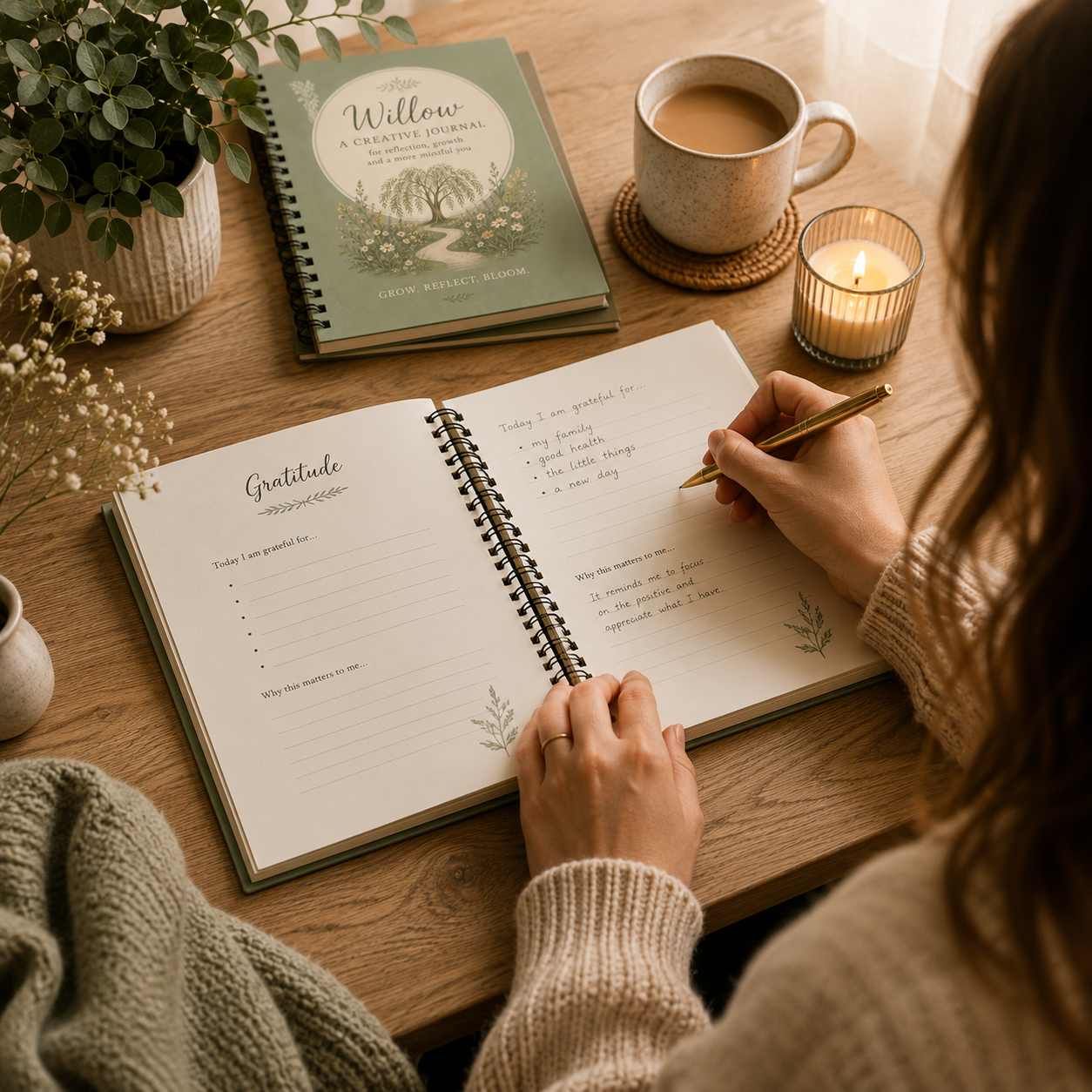 A person writing in a gratitude journal with a pen, surrounded by a cup of coffee, a lit candle, a plant, and a workbook titled 'Willow: A Creative Journal' on a wooden table.