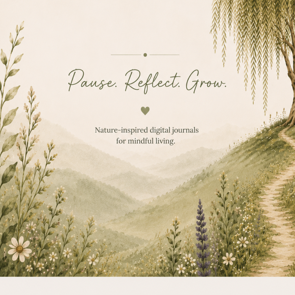Willow by Claire digital journal cover titled "Pause. Reflect. Grow." featuring a nature-inspired illustration of mountains, trees, and wildflowers in soft, earthy tones.