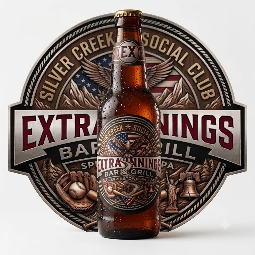 A brown beer bottle with a label reading 'Ex' in front of a large circular sign for Silver Creek Social Club Extra Innings Bar & Grill in Springtown, Pennsylvania, adorned with sports and baseball imagery.