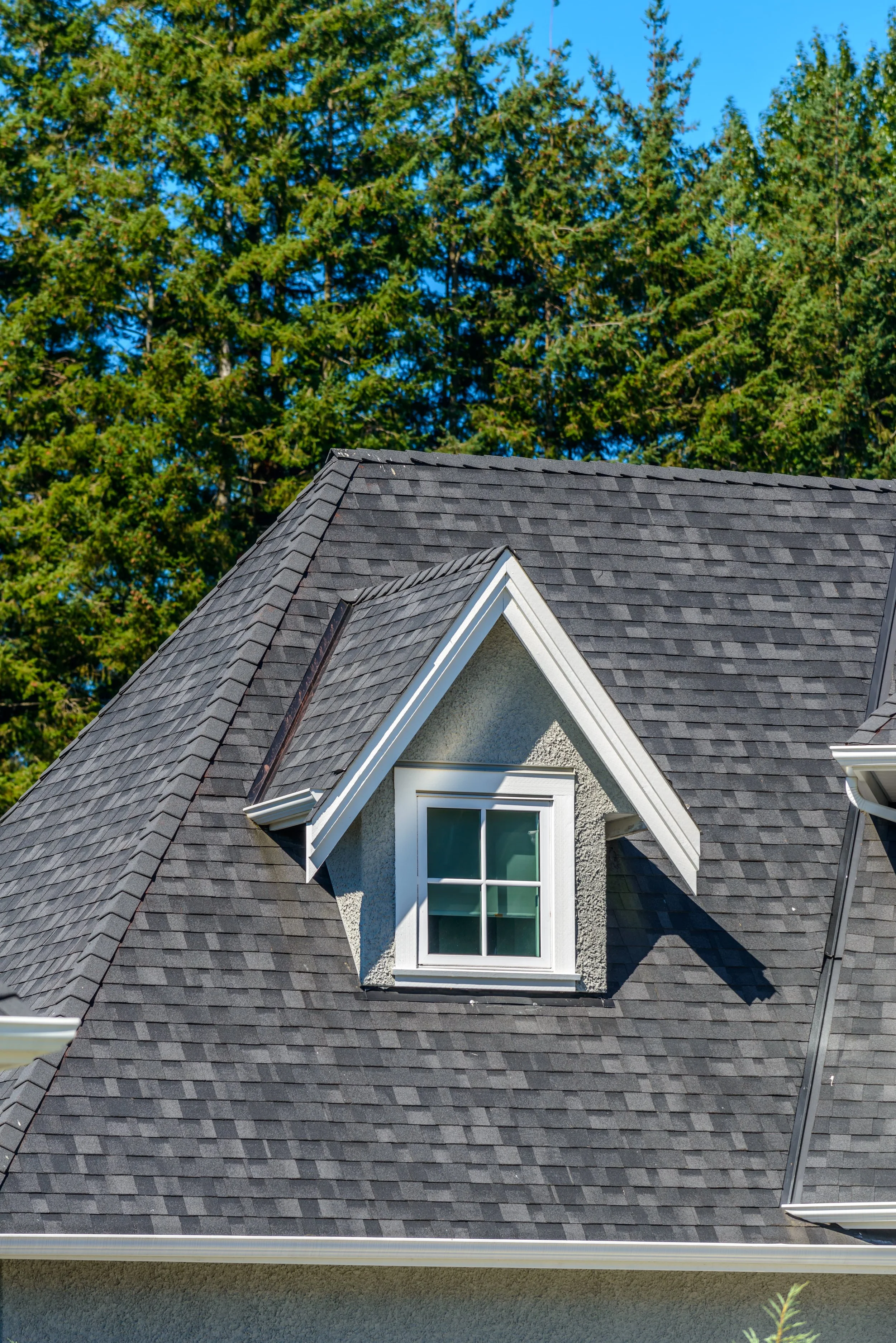 A house's roof with dark gray shingles includes a protruding dormer window with a white frame and four-pane window. The house's exterior wall is light gray with a textured finish. In the background, lush green trees and a clear blue sky are visible.
