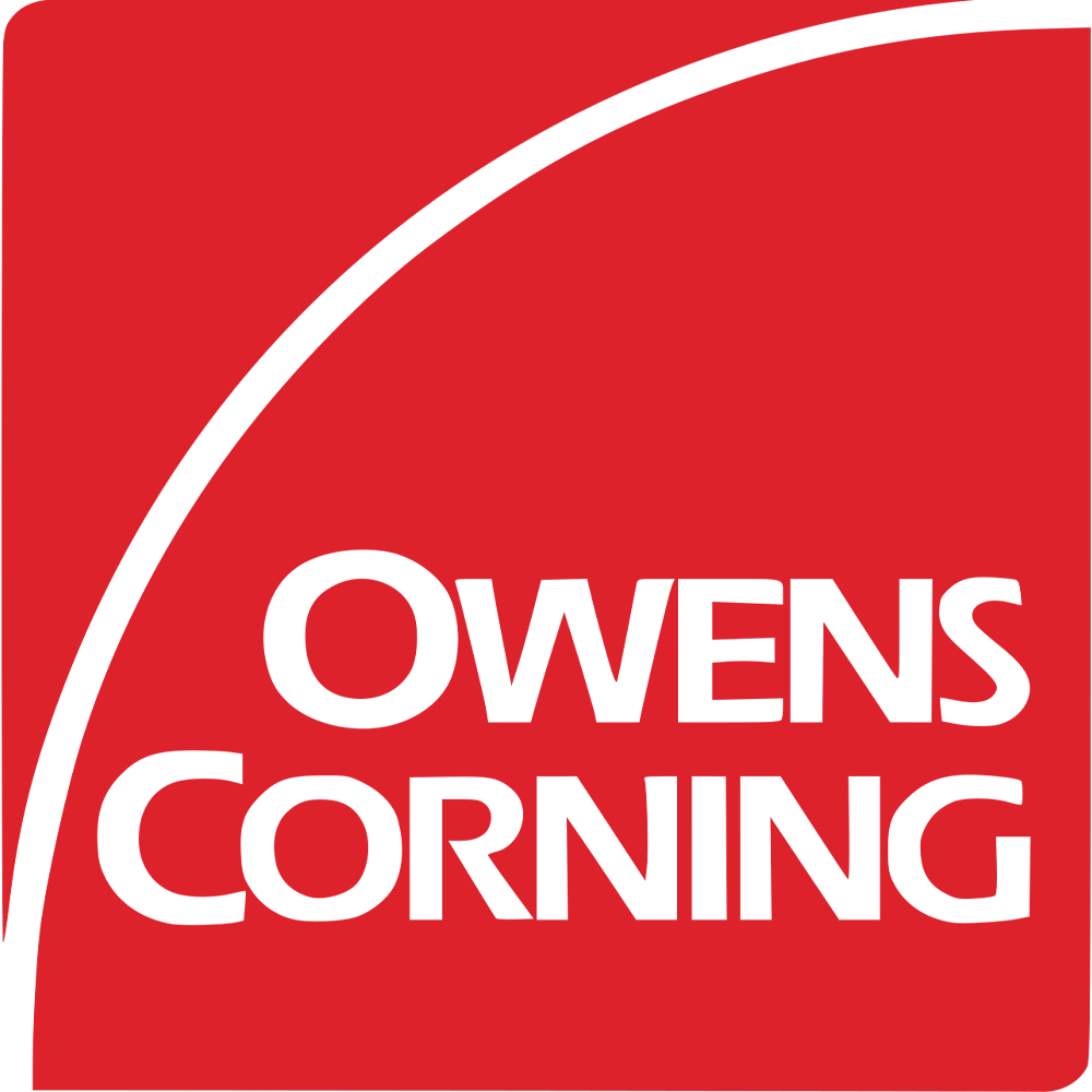 Red background with white curved line and white text that reads 'OWENS CORNING'.