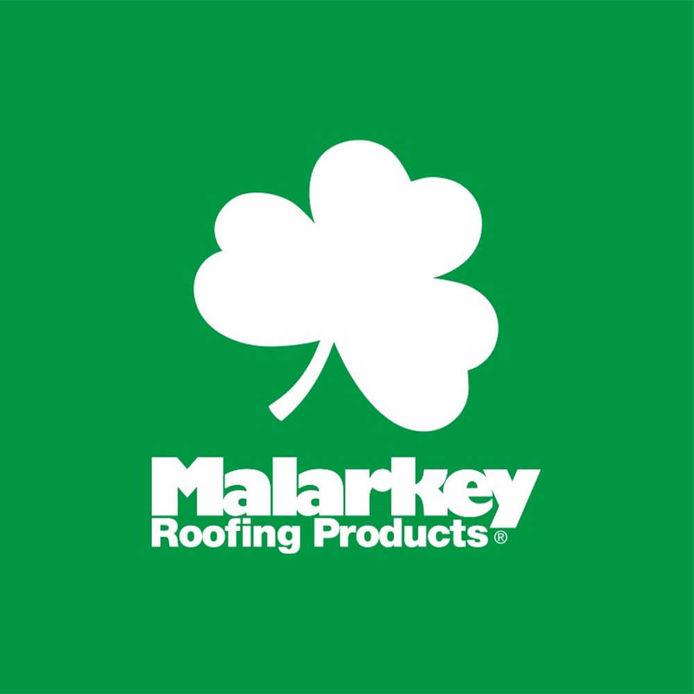 Green background with a white shamrock and the text 'Malarkey Roofing Products' below it.