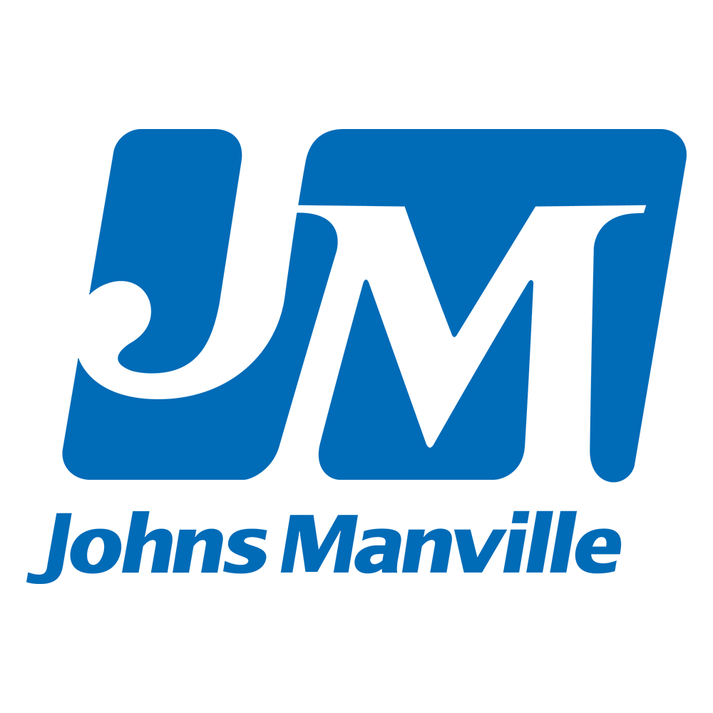 Logo of Johns Manville, featuring large stylized letters 'J' and 'M' in blue with the company name written underneath.