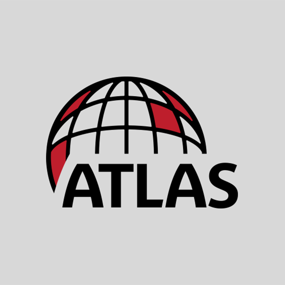 Logo featuring a stylized globe with black grid lines and red accents, with the word ATLAS below in bold black letters.