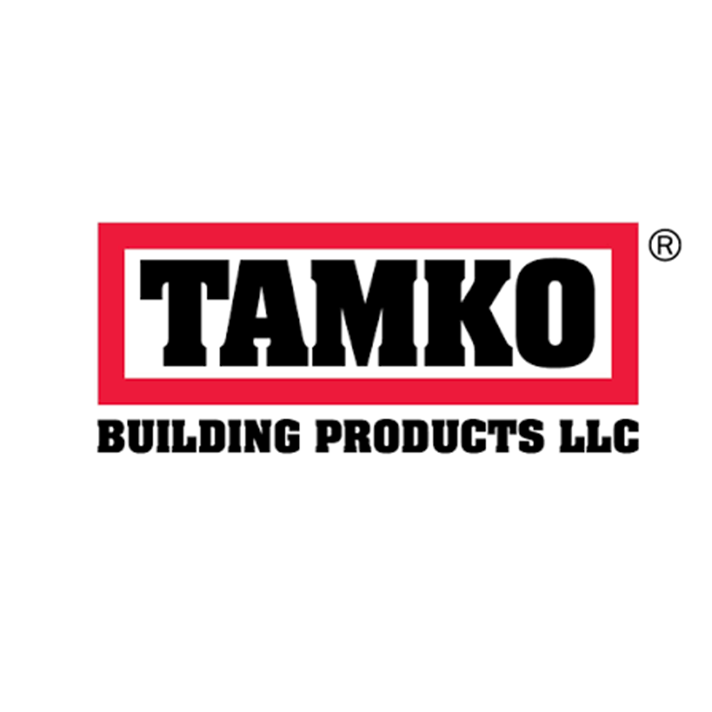 TAMKO Building Products LLC logo with black text inside a red-bordered rectangle and black text below.