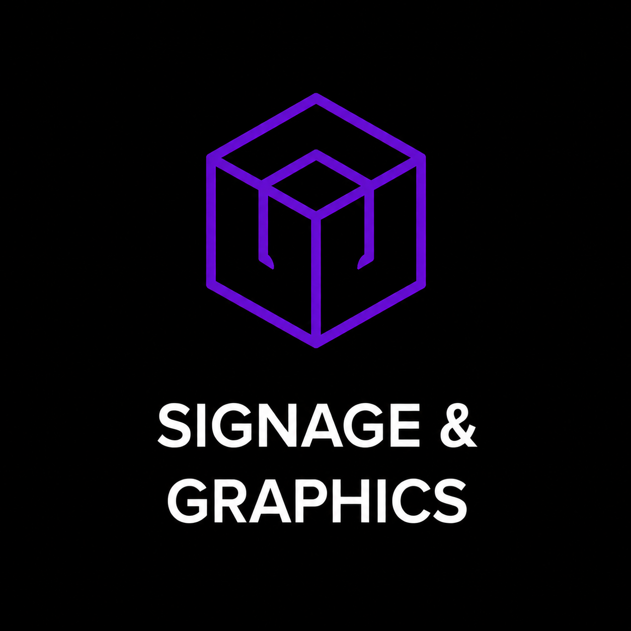 A neon purple outline of a geometric cube with a smaller cube inside it, above the text "Signage & Graphics" in white.