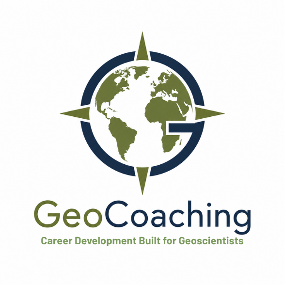 Logo with a globe, compass and letters C and G with GeoCoaching and tagline - Career Development Built for Geoscientists