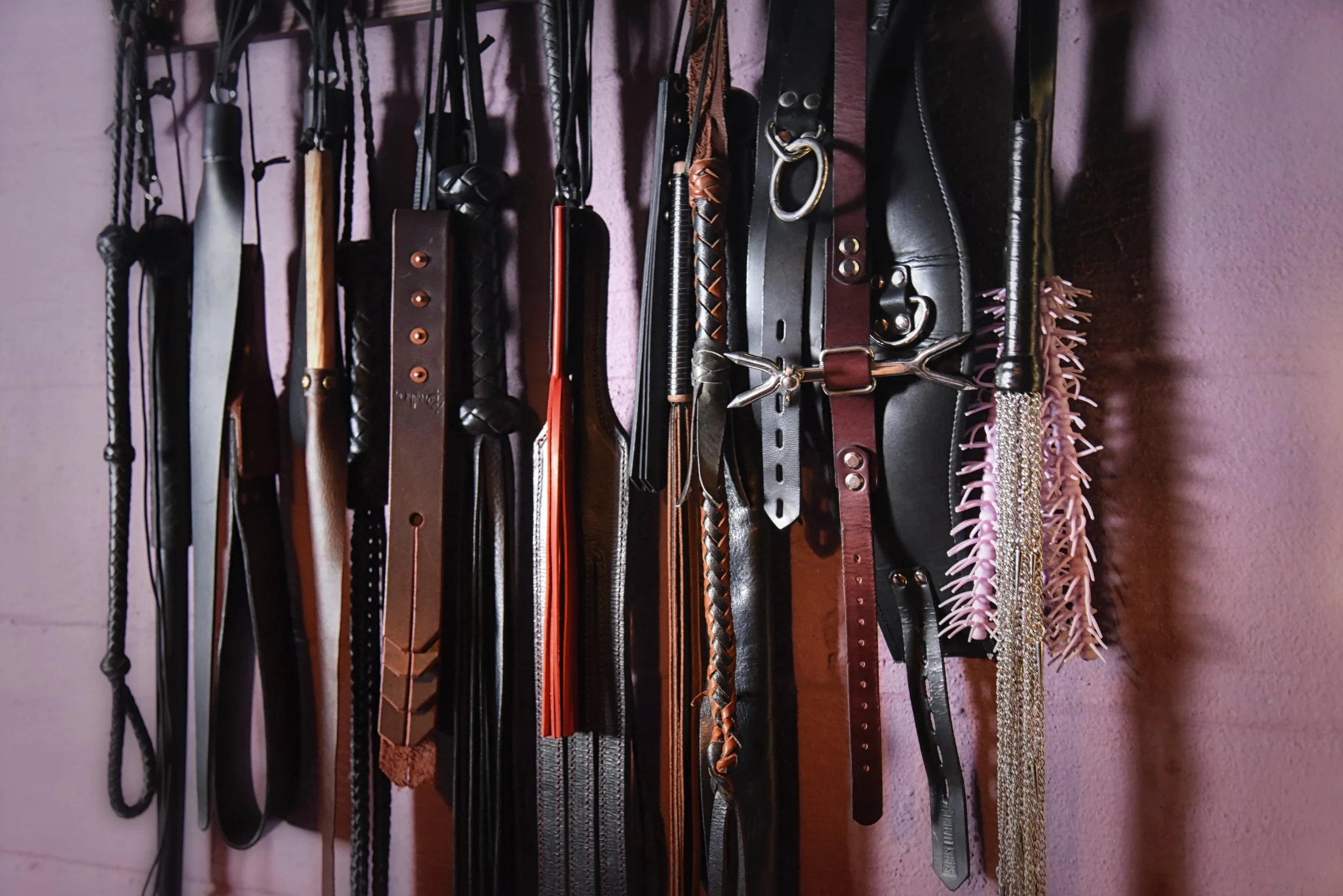 A wall-mounted rack holding various BDSM implements and accessories.