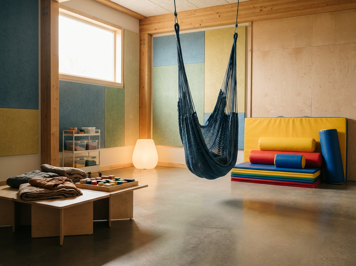 A cozy children's playroom with colorful foam mats, a hanging hammock, a small table with folded clothes, shelves with toys and snacks, and a soft glow from a lamp in a room with natural light coming through a window.