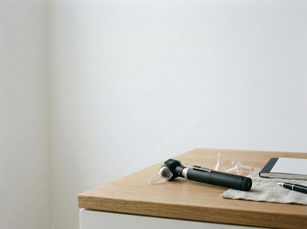 A wooden desk with a black pen, a glass whoop, an electronic device, and a notepad on a gray cloth