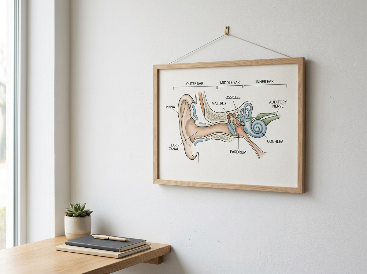 A framed diagram of the human ear anatomy hanging on a white wall in a room. The diagram shows parts like outer ear, middle ear, inner ear, including the pinna, ear canal, malleus, ossicles, cochlea, auditory nerve, eardrum, and oval window.