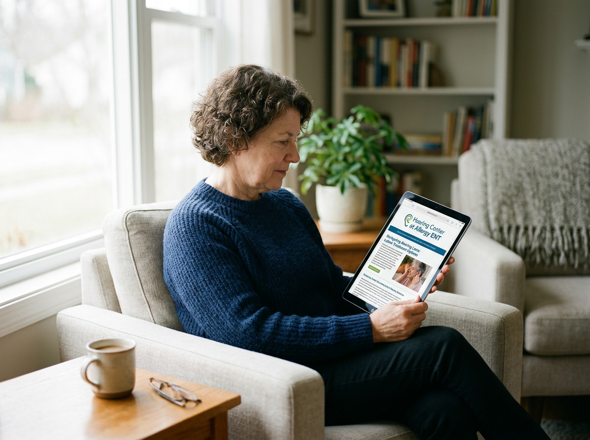 A woman in a blue sweater sitting on a beige sofa, looking at a tablet, with a coffee mug on a wooden table nearby and bookshelves in the background.