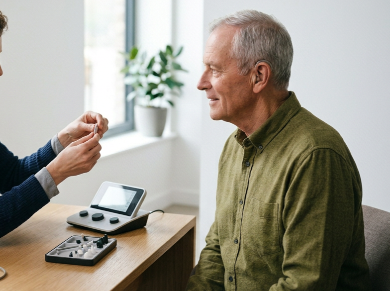 A senior man at a doctor’s appointment, sitting and smiling while a healthcare professional prepares a needle for a vaccination or injection.