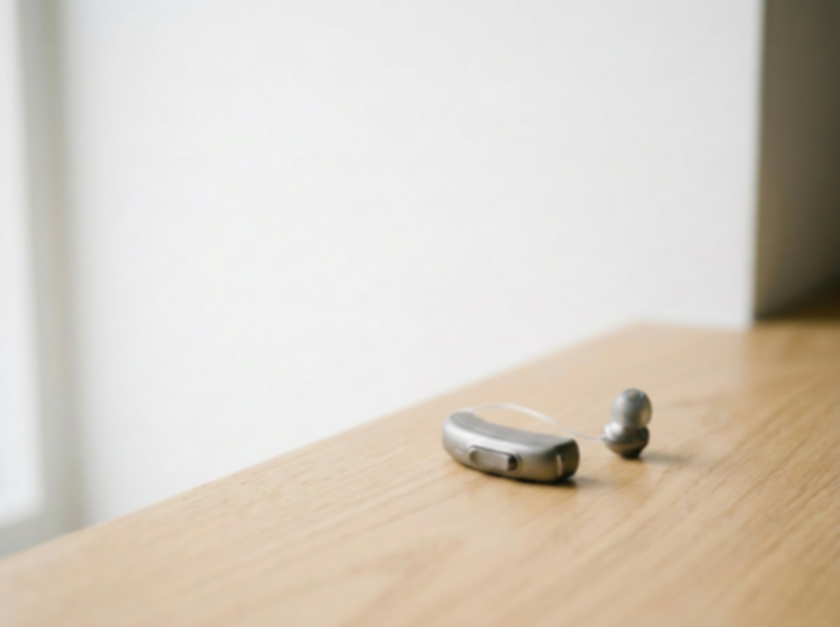 Wireless hearing aid on a wooden surface
