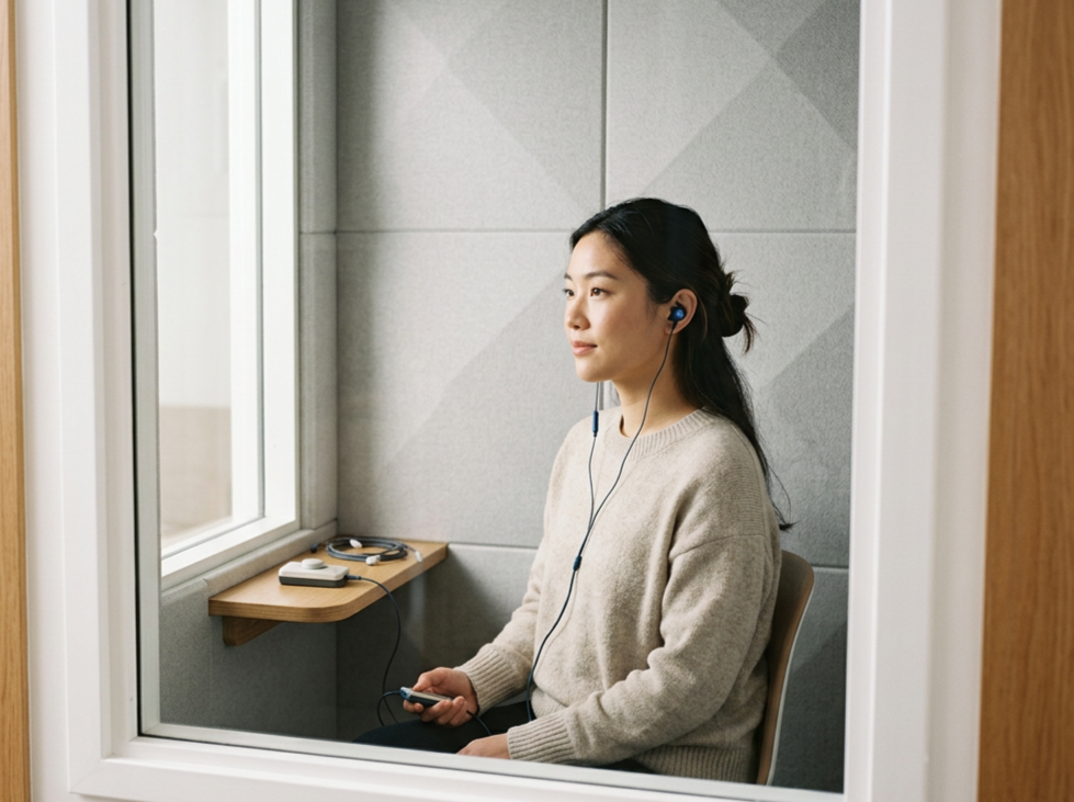 Woman sitting in a soundproof booth, wearing earphones and holding a phone, with a window showing a grey outside view.