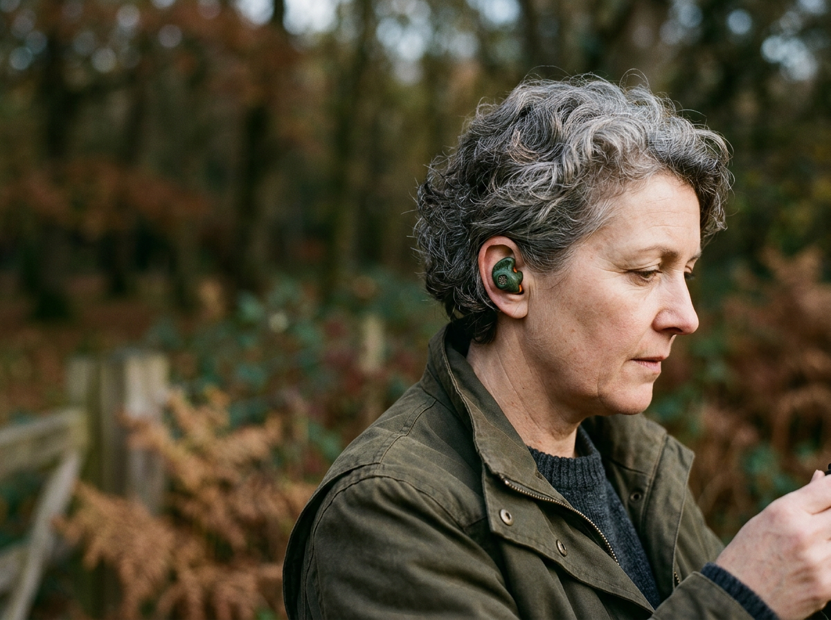 A middle-aged woman with short, curly gray hair wearing a green jacket and a black sweater, using a hearing aid outside in a wooded area.