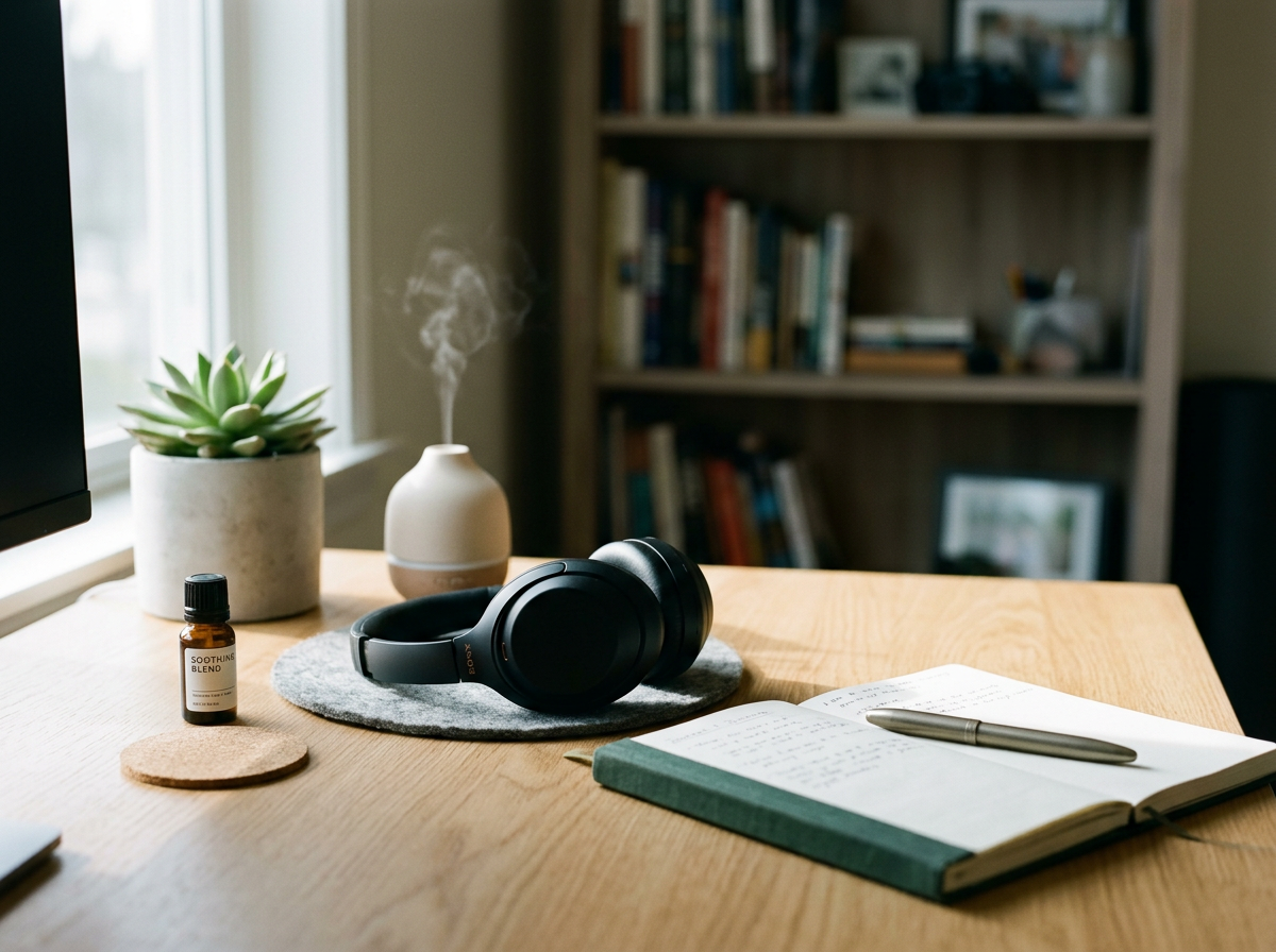 A wooden desk with a notebook, pen, black headphones, small bottle labeled "Soothing Blend," a potted succulent plant, a white aromatic diffuser emitting vapor, and a gray circular coaster. In the background, a bookshelf with Books and a framed photograph. Natural light from a nearby window illuminates the scene.