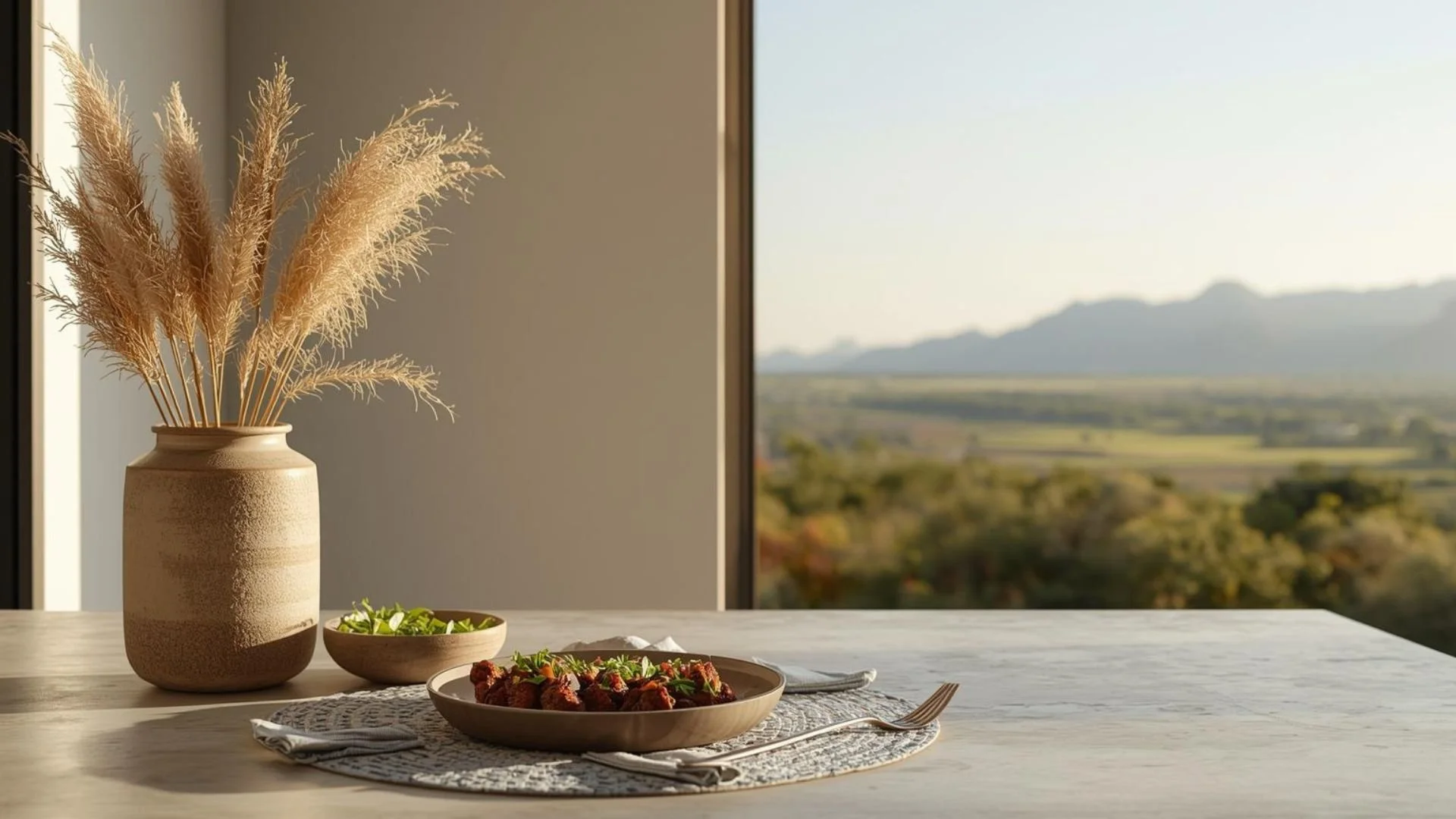 A dining table with a beige vase holding dried pampas grass, a bowl of salad, and a dish of cooked meat garnished with herbs, set near a large window showing a scenic mountain and landscape view in the background.