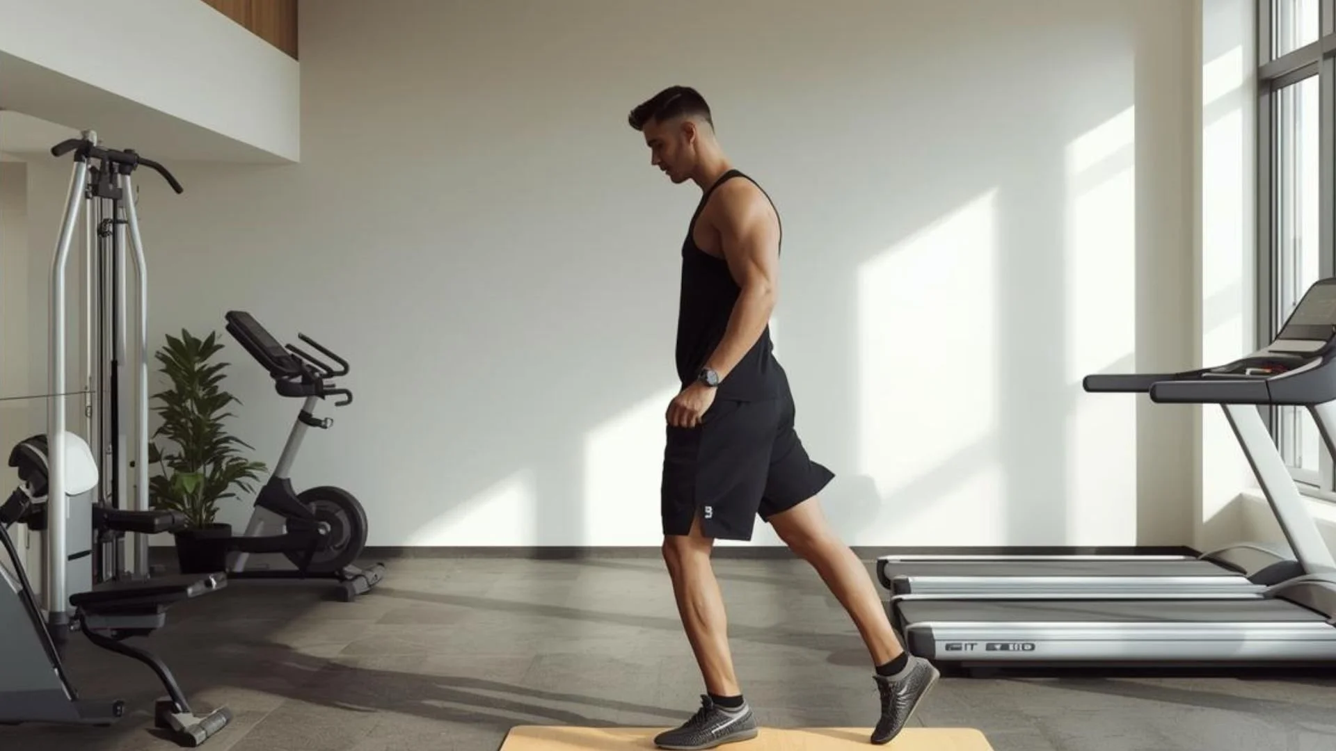 A man in athletic clothing performing a walking exercise on a treadmill in a bright indoor gym with exercise equipment, a treadmill, an exercise bike, a weight machine, a potted plant, and large windows.