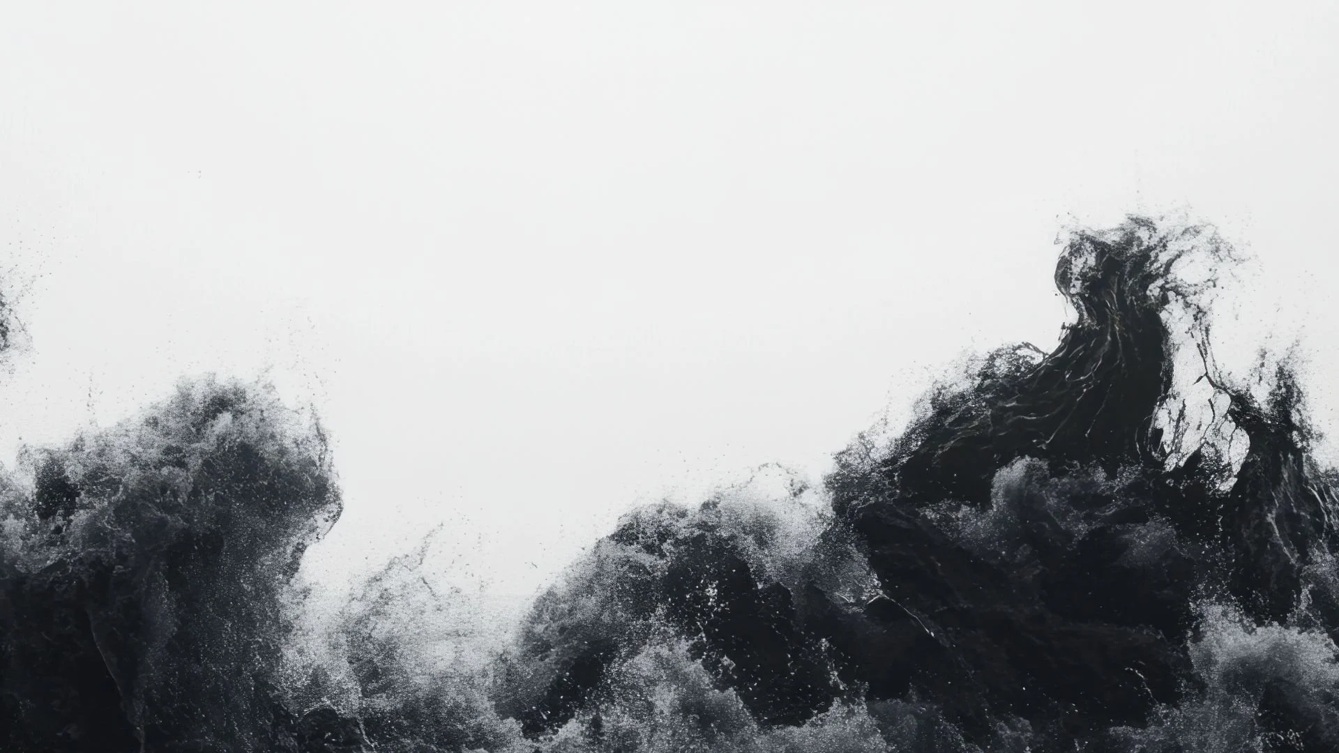 Abstract black and white painting of turbulent ocean waves with spray and foam.