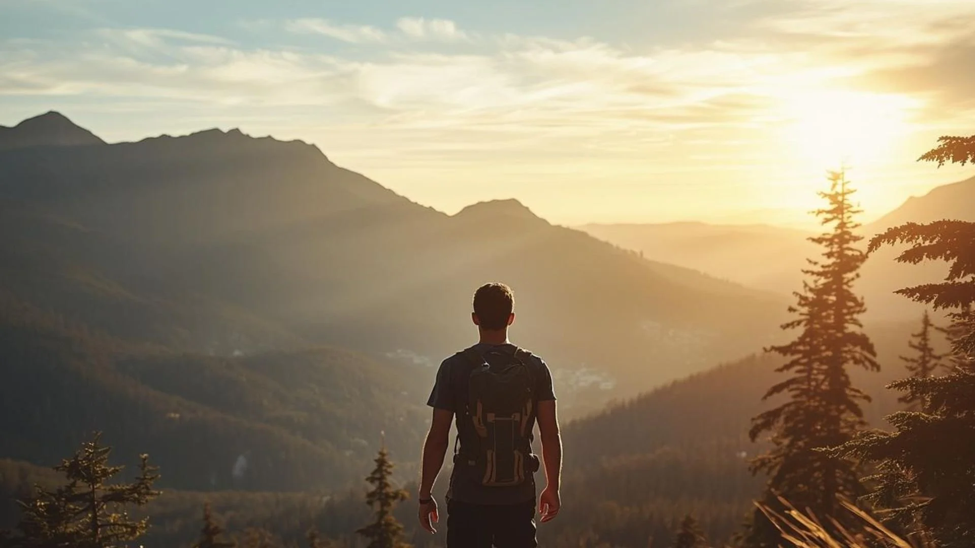 A person with a backpack standing outdoors, overlooking a mountain landscape at sunset with trees in the foreground.