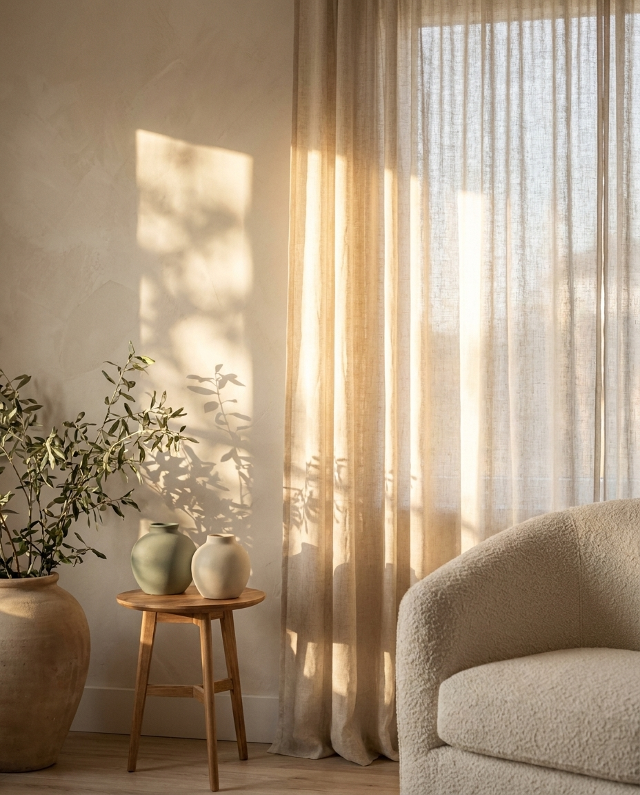 Sunlight streaming through sheer curtains onto a beige sofa, a small wooden table with two vases, and a large potted plant casting shadows on the wall.