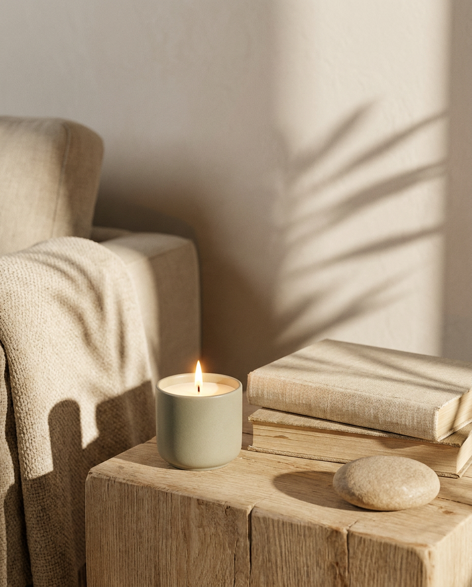 A lit candle in a small, gray ceramic holder on a wooden table with stacked books and a smooth stone, in a cozy, softly lit room with shadows of plant leaves on the wall.
