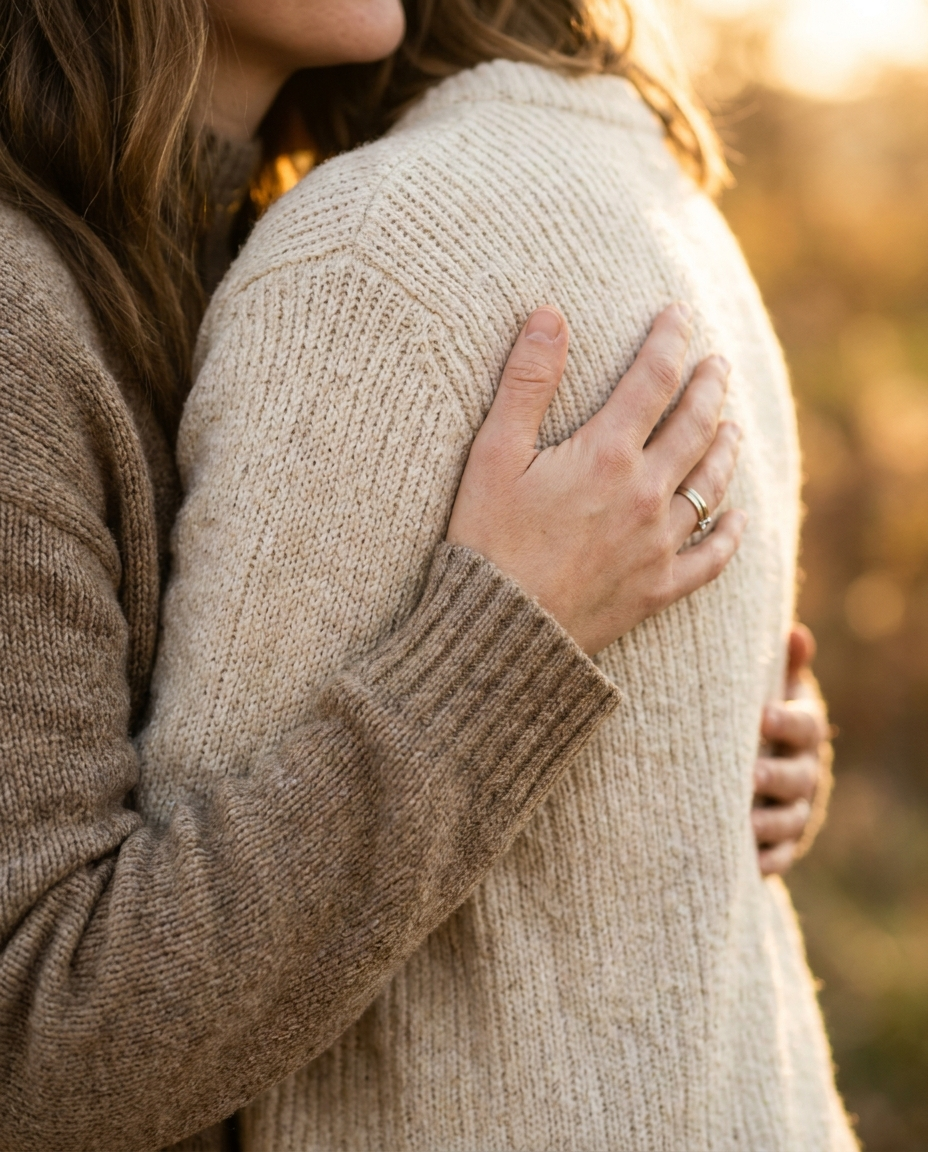 A person with long, brown hair, wearing a gray sweater, gently holding the shoulder of another person dressed in a cream-colored sweater. The scene appears to be outdoors during sunset or late afternoon.