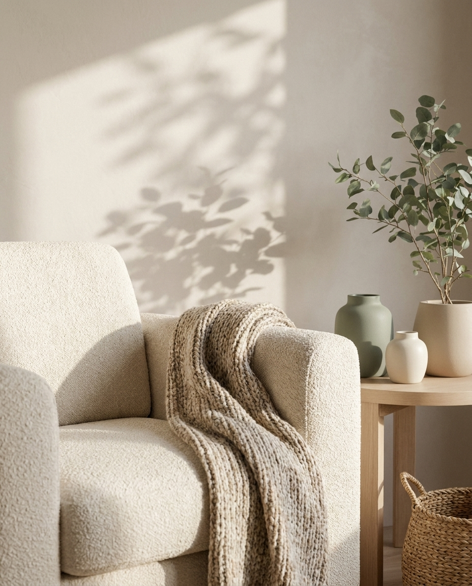 A cozy living room corner with a cream-colored textured sofa, a neutral knit throw draped over the arm, a wooden side table with three vases, a large leafy plant in a corner, and sunlight creating shadows on the wall.