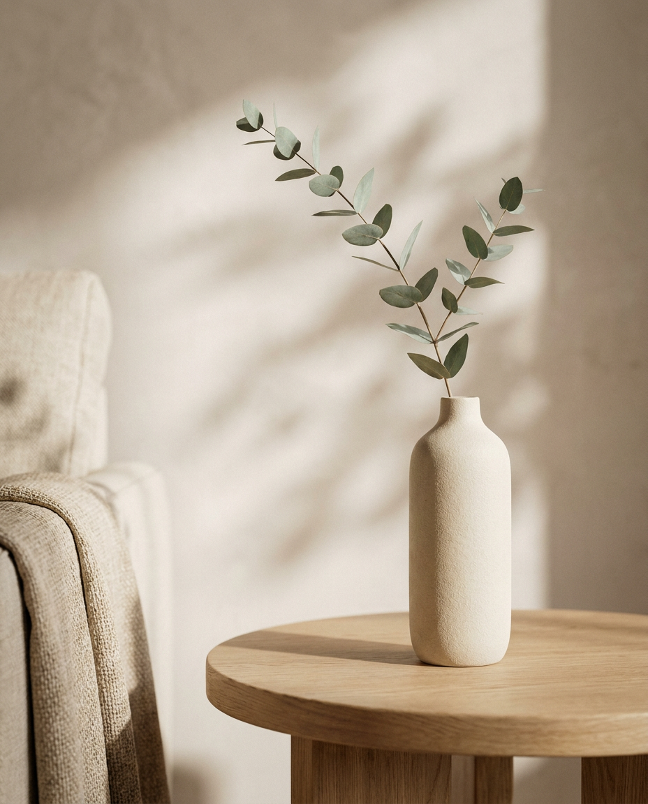 A minimalist beige ceramic vase with a single branch of eucalyptus leaves on a round wooden table, with a beige upholstered couch nearby.