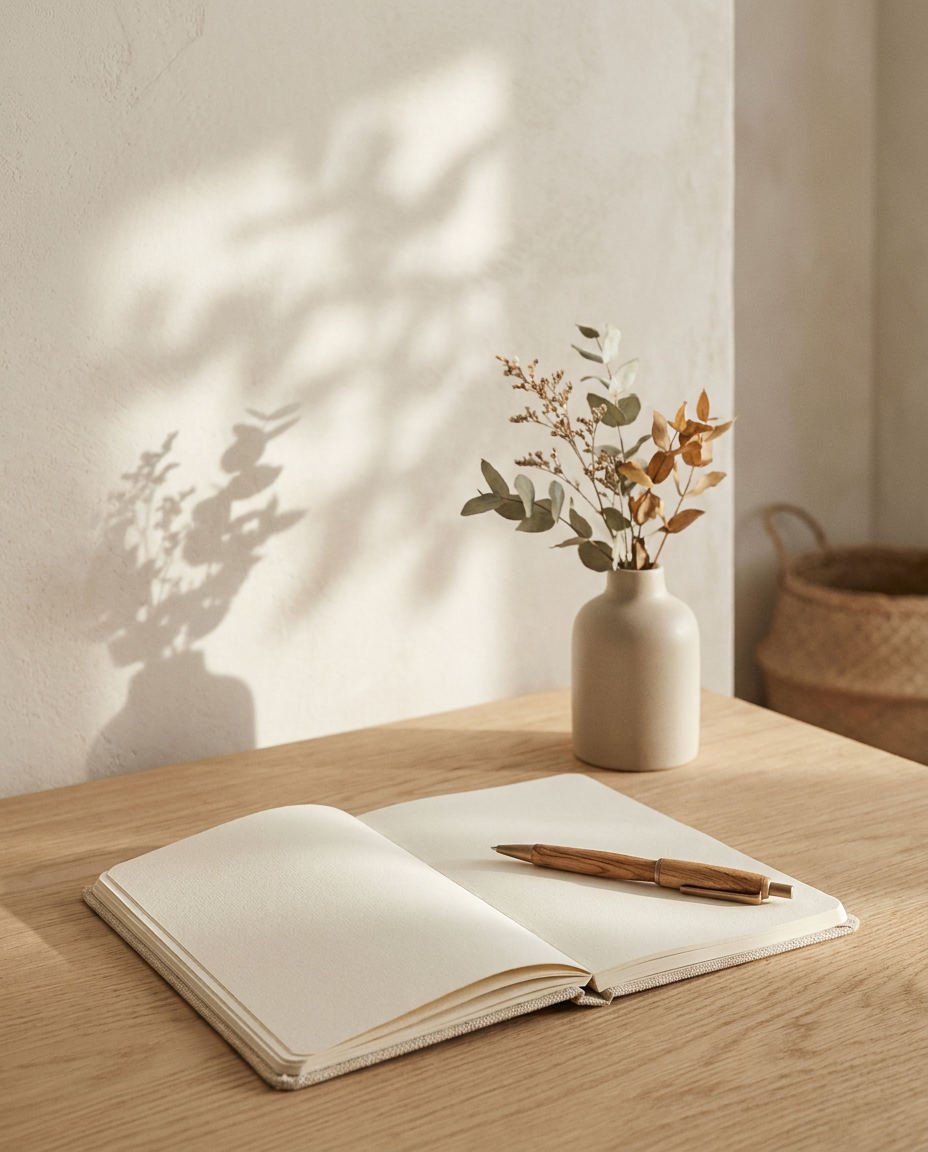 Open blank notebook with a wooden pen on top, and a white vase with dried leaves and flowers, on a wooden table. Sunlight creates shadows of the leaves on the wall.