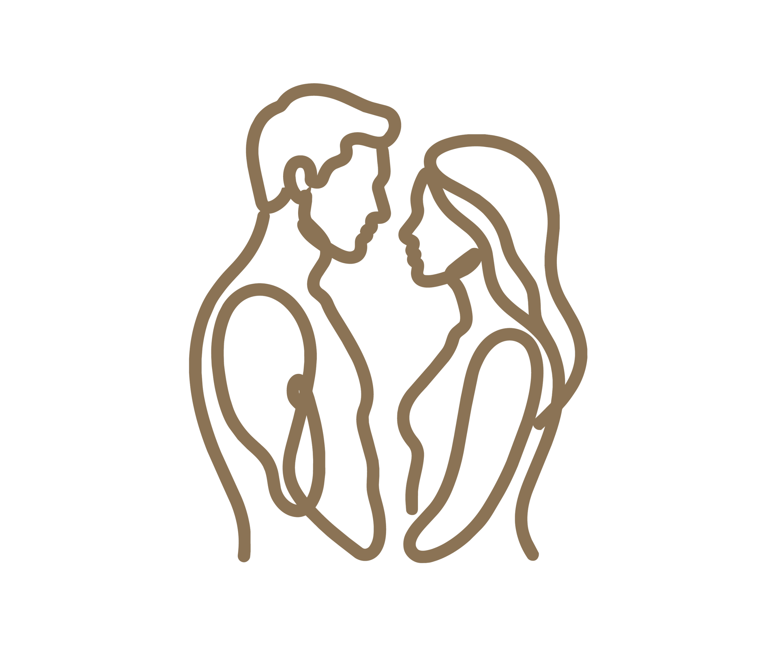 Line art illustration of a couple facing each other, touching foreheads, with a heart shape between them.