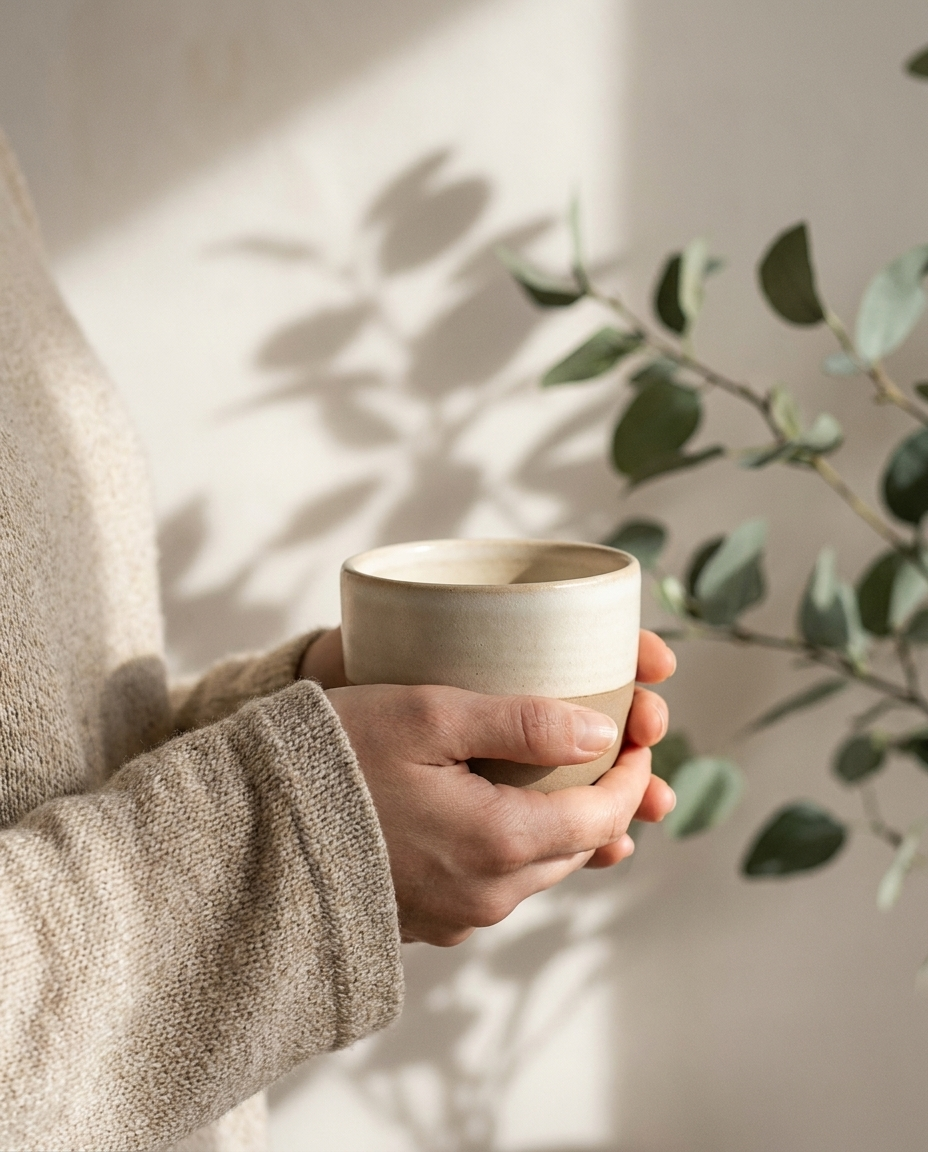 Person in a beige sweater holding a beige ceramic cup with both hands, standing near a leafy green plant with shadow cast on a light-colored wall.