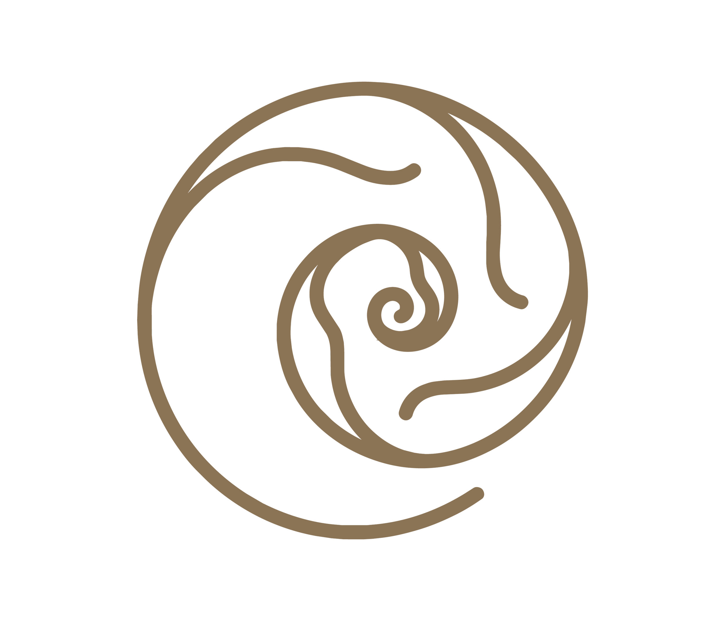 A stylized, abstract tree design with swirling patterns in brown on a black background.