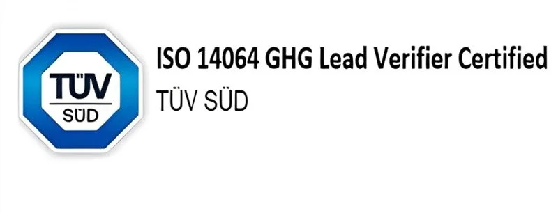 ISO 14064 GHG Lead Verifier Certified TÜV SÜD logo and certification text.