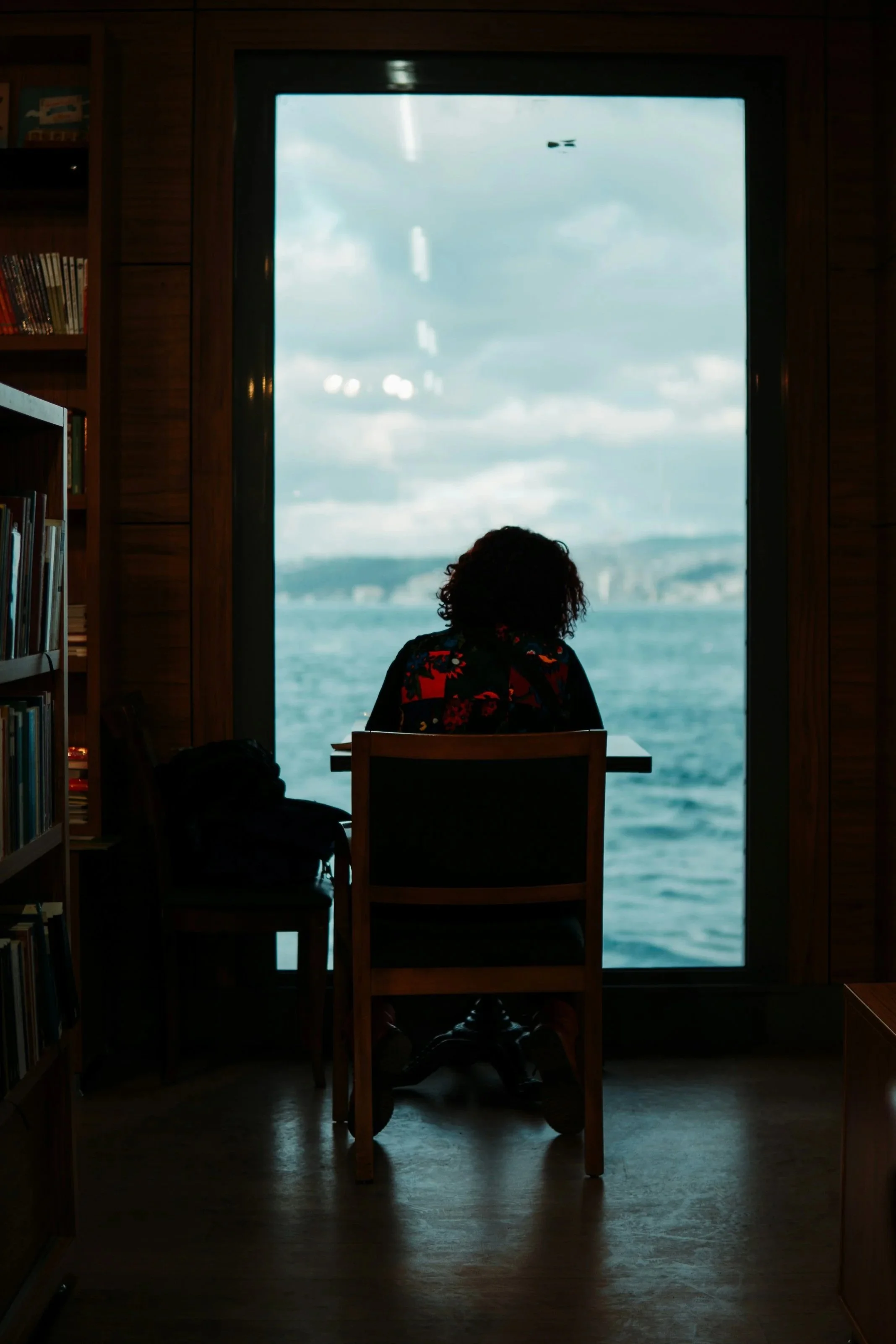 A person with curly hair and a colorful shirt sitting at a table, facing a large window showing a cloudy sky and water outside. The room has wooden walls and bookshelves.