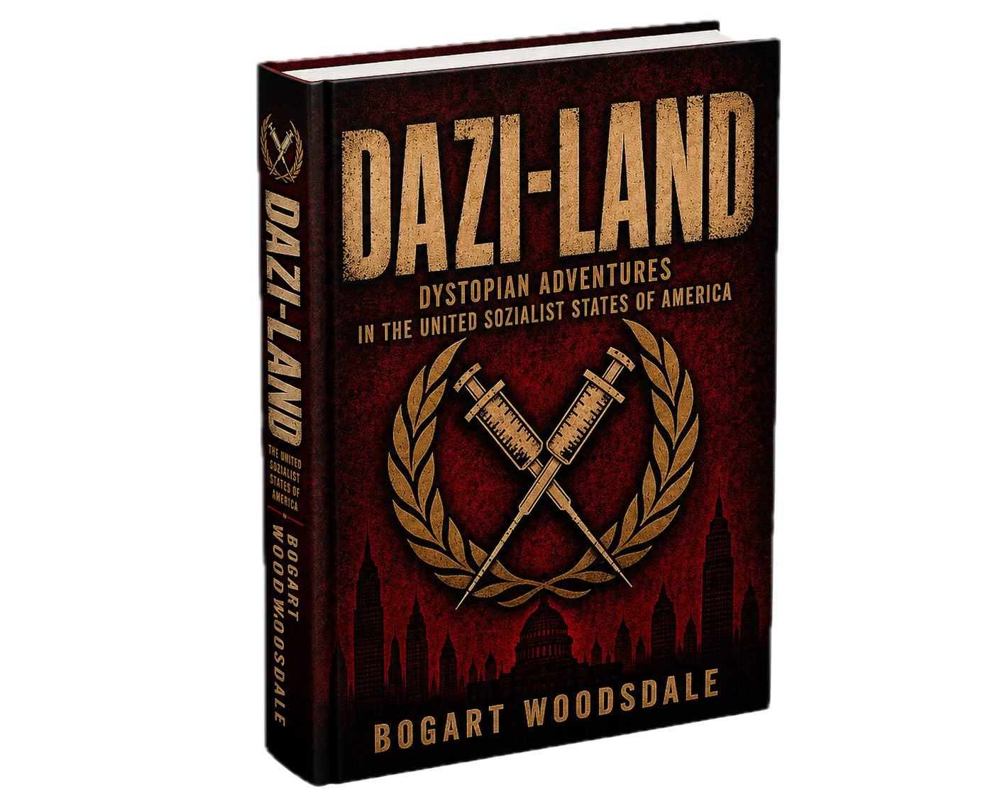 Book cover of DAZI-LAND: Dystopian Adventures in the United Sozialist States of America by Bogart Woodsdale, featuring a dark red cover with crossed syringes inside a laurel wreath above a city skyline.
