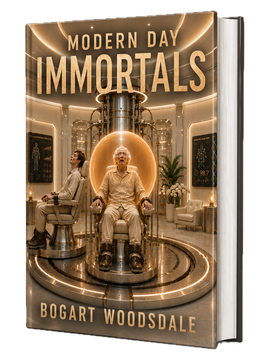 Book cover of Modern Day Immortals by Bogart Woodsdale, depicting an elderly man and his young clone in a futuristic laboratory surrounded by advanced medical technology.
