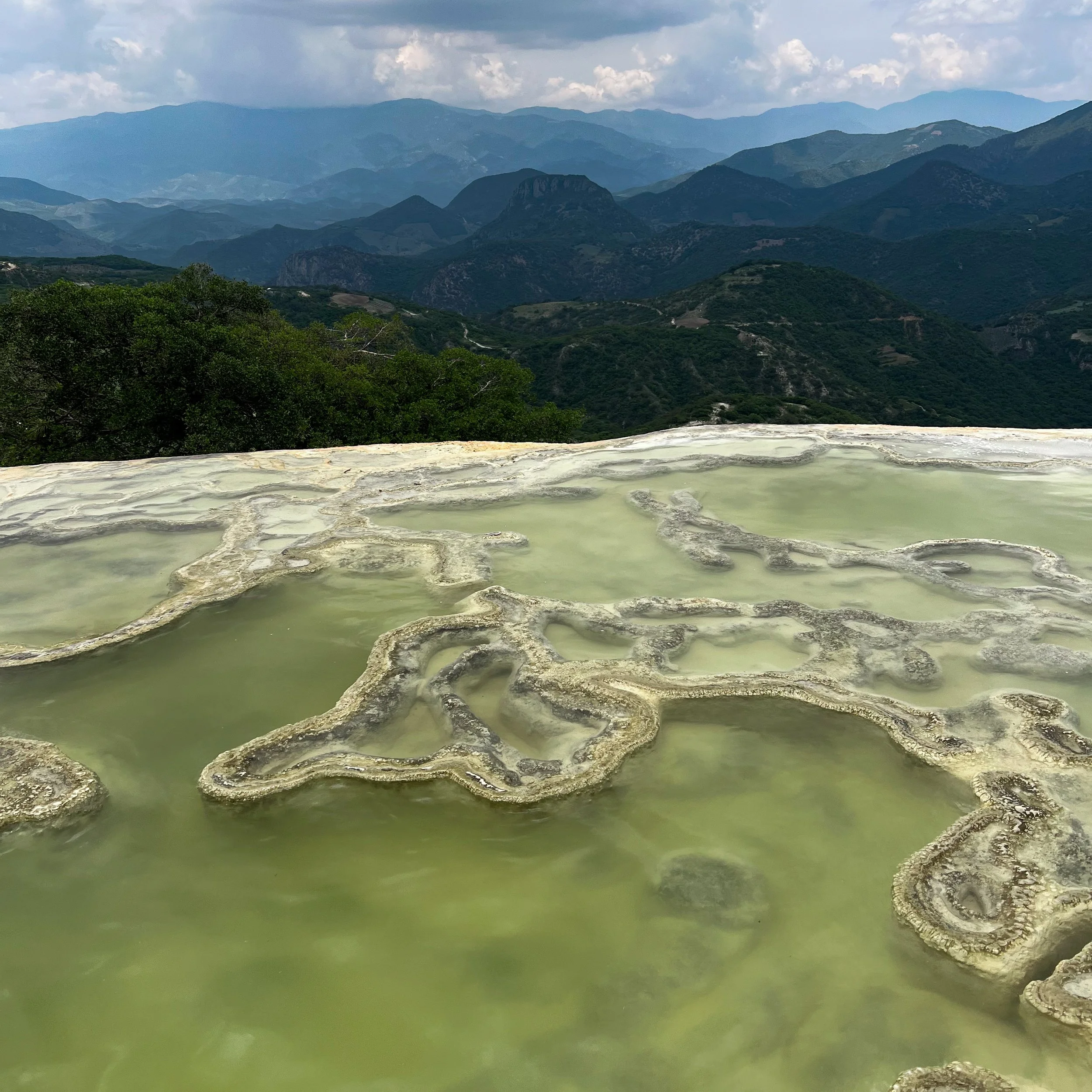 Greenish-yellow thermal spring water with mineral deposits in the foreground, lush green trees, and a mountain range with cloudy sky in the background.