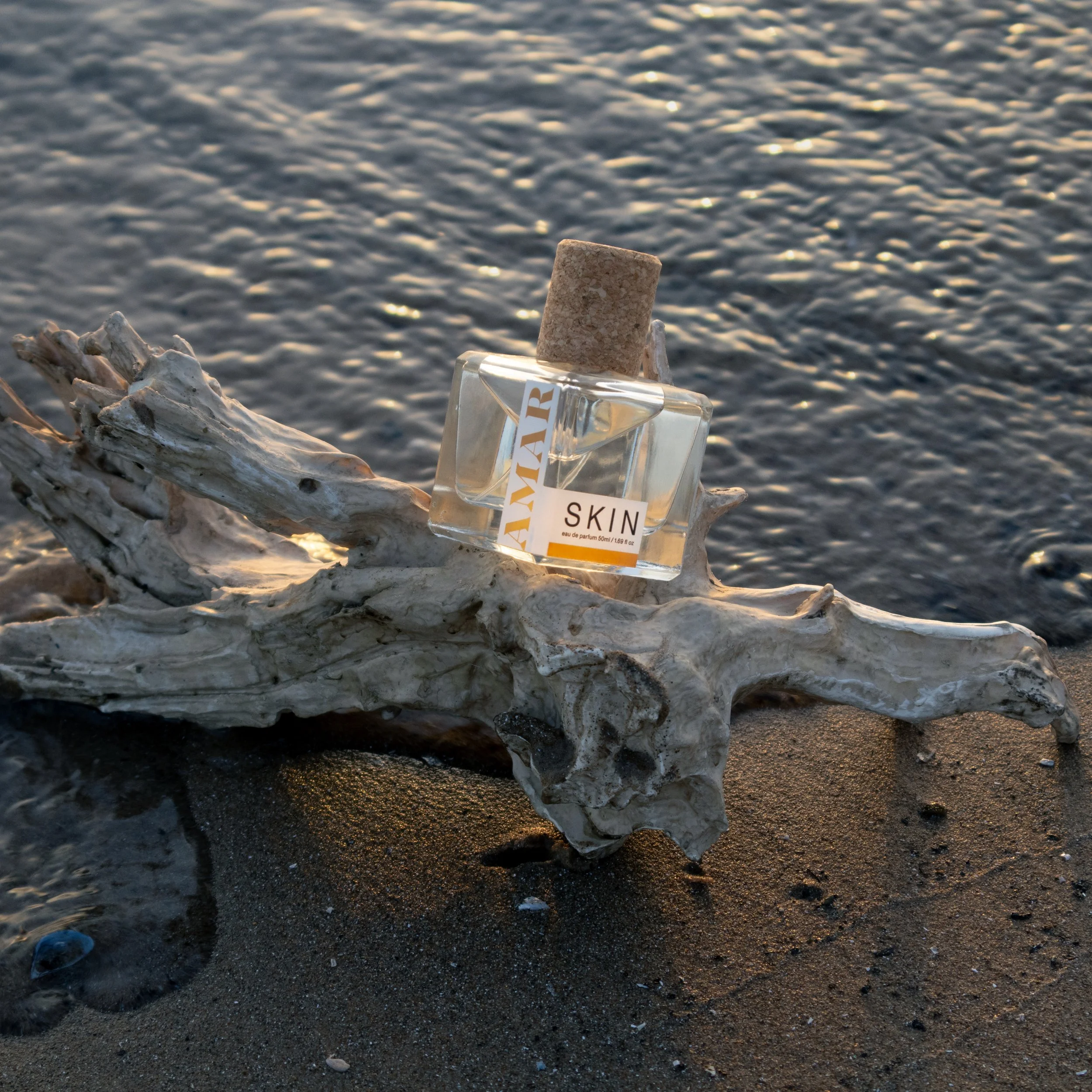 SKIN Eau de Parfum bottle resting on driftwood at the shore, inspired by Puerto Vallarta