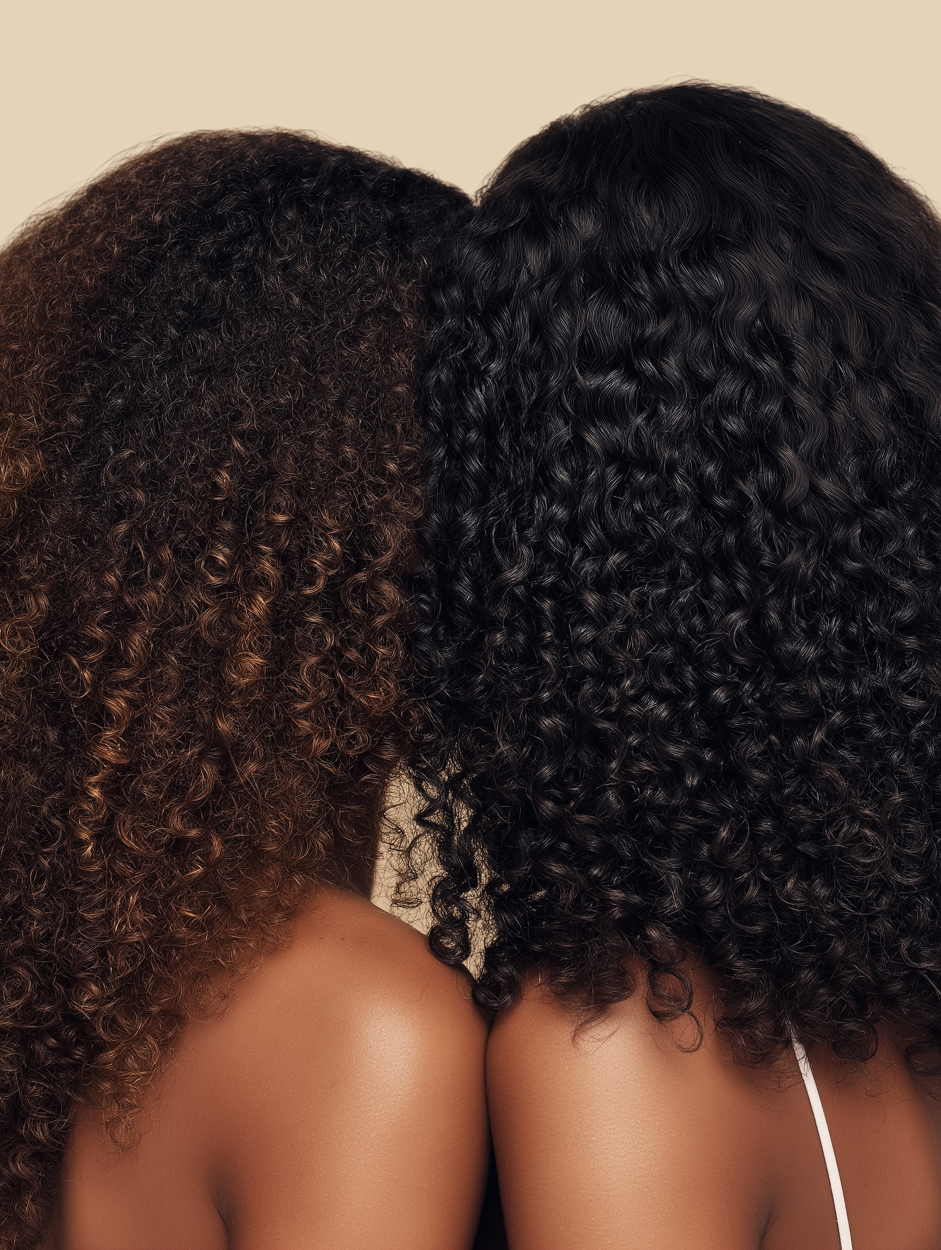 Close-up van de schouders en natuurlijke haartextuur van twee mensen met gekrulde haartypes, een met bruin haar en een met zwart haar, zonder gezicht zichtbaar.