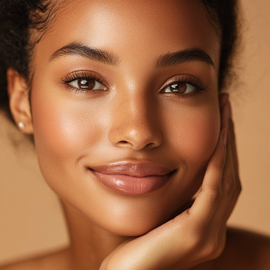 Close-up van een lachende jonge vrouw met natuurlijke make-up en lange wimpers.