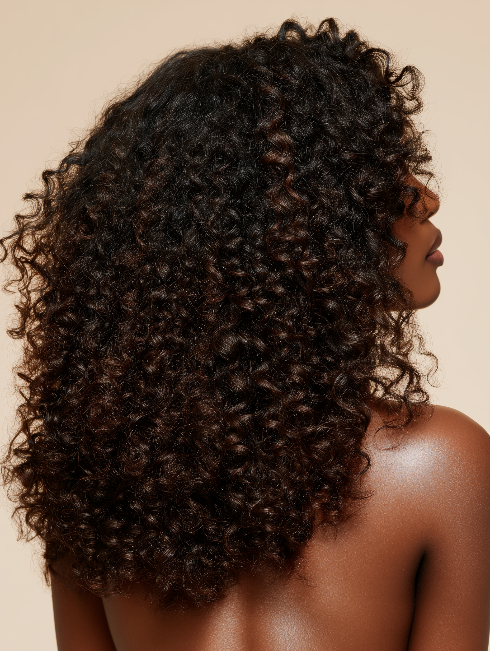 Close-up van een vrouw met lang, dik, krullend zwart haar.