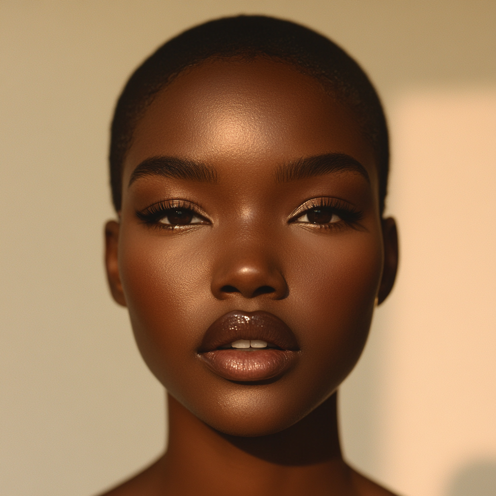 Close-up van een vrouw met donkere huid, naaktesharing, make-up en een stijlvolle look.