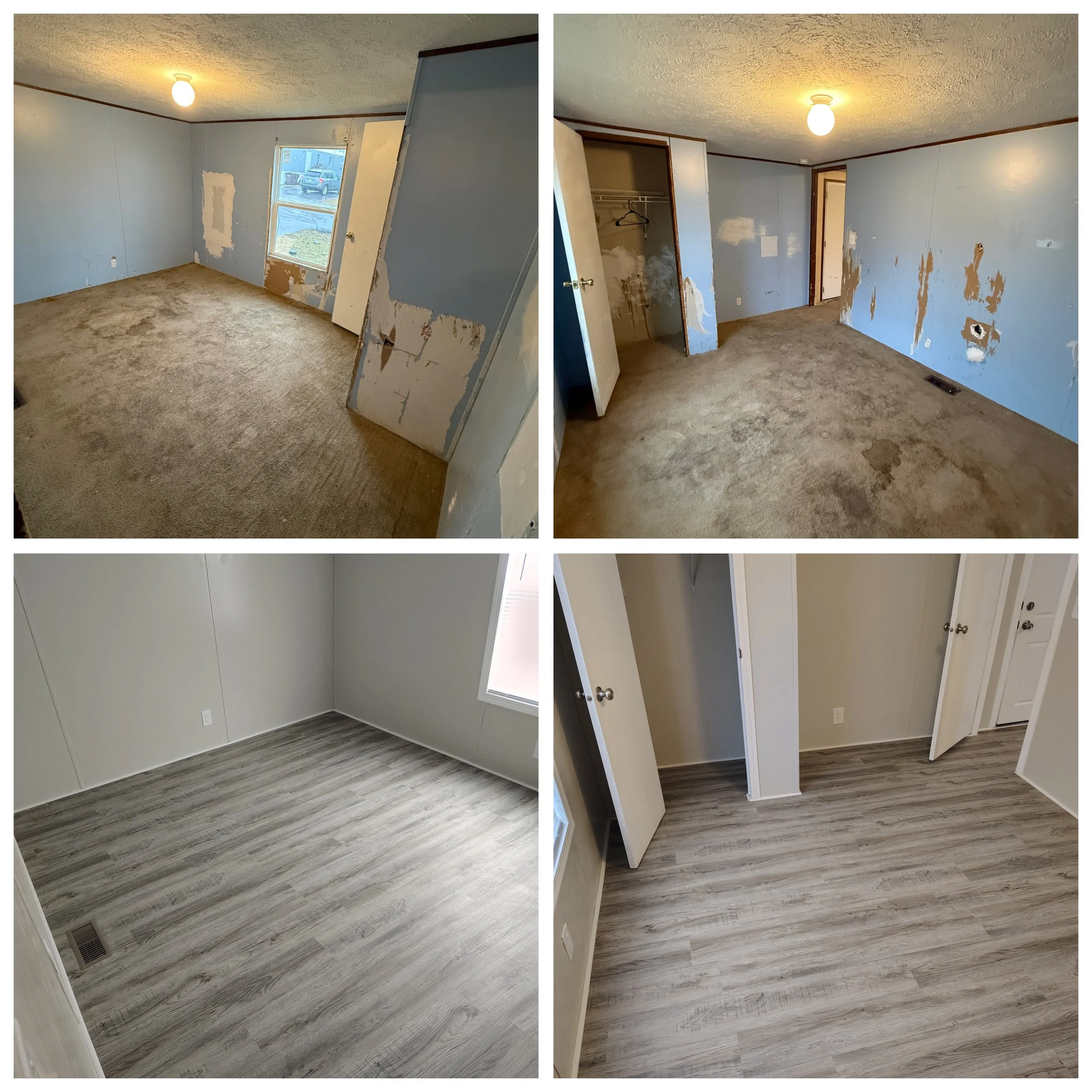 Side-by-side images of a bedroom before and after renovation showing clean, painted walls and new flooring.